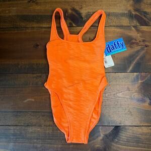 Vintage Deadstock Daffy Bright Orange Crinckle Texture One Piece Swimsuit SZ 7/8